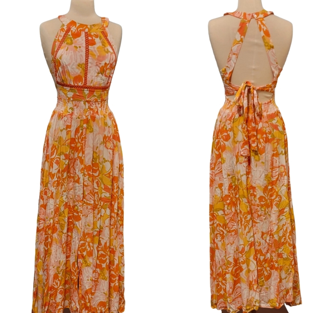 Able The Label By Anthropologie Floral Halter Backless Slit Maxi Dress